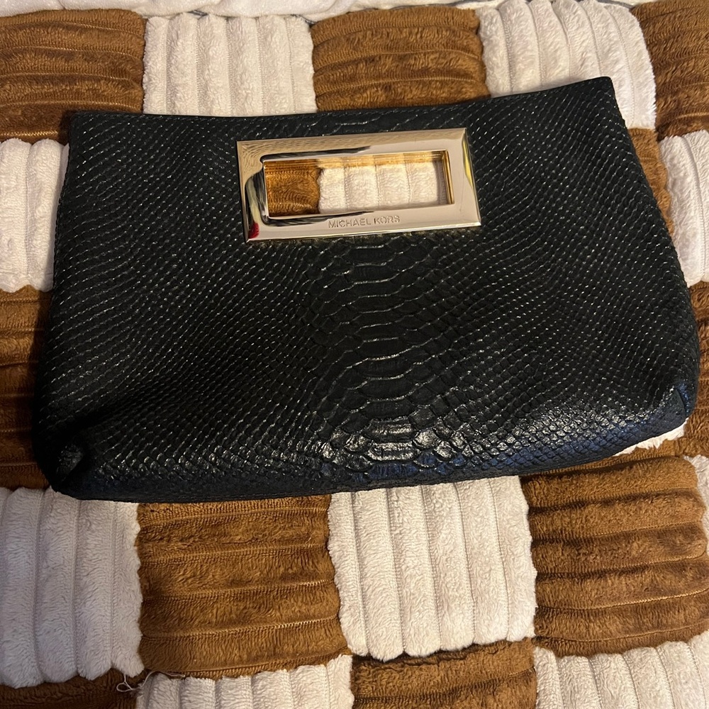 Michael Kors Black Snake Embossed Leather Clutch
